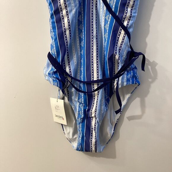 Lemlem Eshal Wrap Effect Stretch Jacquard Swimsuit Blue Striped Swimsuit - Picture 10 of 15